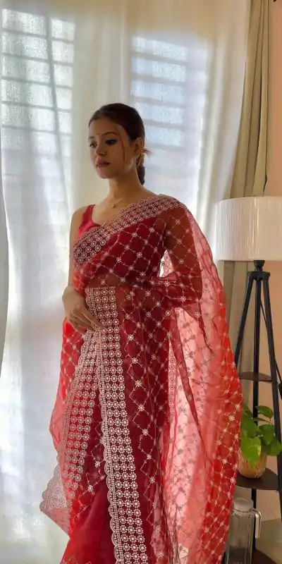  AC ARROW Red Color Organza Embroidery Thread Work Saree Casual, Wedding, Festive, Events Expected Delivery 4-6 Working Days @2099/- | Bollywood Sarees, Creative Sarees, Designer Sarees, Embroidered Sarees, Ethnic Saree, Modern Digital sarees, Party Wear Sarees, Sarees