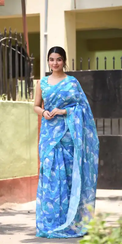 Veechis 111 Royal Blue Color Linen Beautiful Digital Printed Work Saree Casual, Party Festive, Events. Expected Delivery 4-6 Working Days @1549/- | Bollywood Sarees, Creative Sarees, Designer Sarees, Embroidered Sarees, Modern Digital sarees, Party Wear Sarees, Sarees