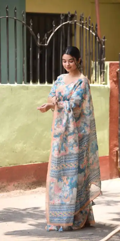 Veechis 111 Sky Blue Color Linen Beautiful Digital Printed Work Saree Casual, Party Festive, Events. Expected Delivery 4-6 Working Days @1549/- | Bollywood Sarees, Creative Sarees, Designer Sarees, Embroidered Sarees, Modern Digital sarees, Party Wear Sarees, Sarees