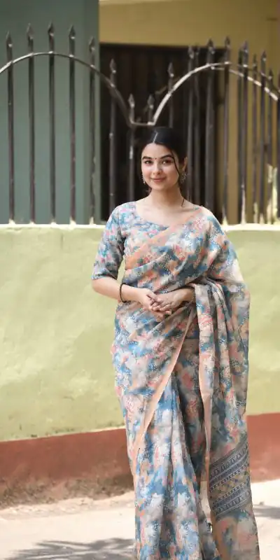 Veechis 111 Sky Blue Color Linen Beautiful Digital Printed Work Saree Casual, Party Festive, Events. Expected Delivery 4-6 Working Days @1549/- | Bollywood Sarees, Creative Sarees, Designer Sarees, Embroidered Sarees, Modern Digital sarees, Party Wear Sarees, Sarees
