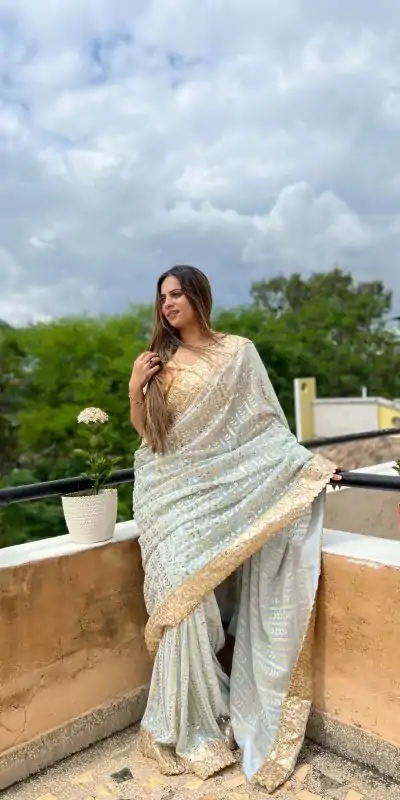 JR 585 White Color Georgette Embroidery Sequence Piping Saree Casual, Wedding, Festive, Events Expected Delivery  4-6 Working Days @1949/- | Bollywood Sarees, Creative Sarees, Designer Sarees, Embroidered Sarees, Ethnic Saree, Modern Digital sarees, Party Wear Sarees, Sarees