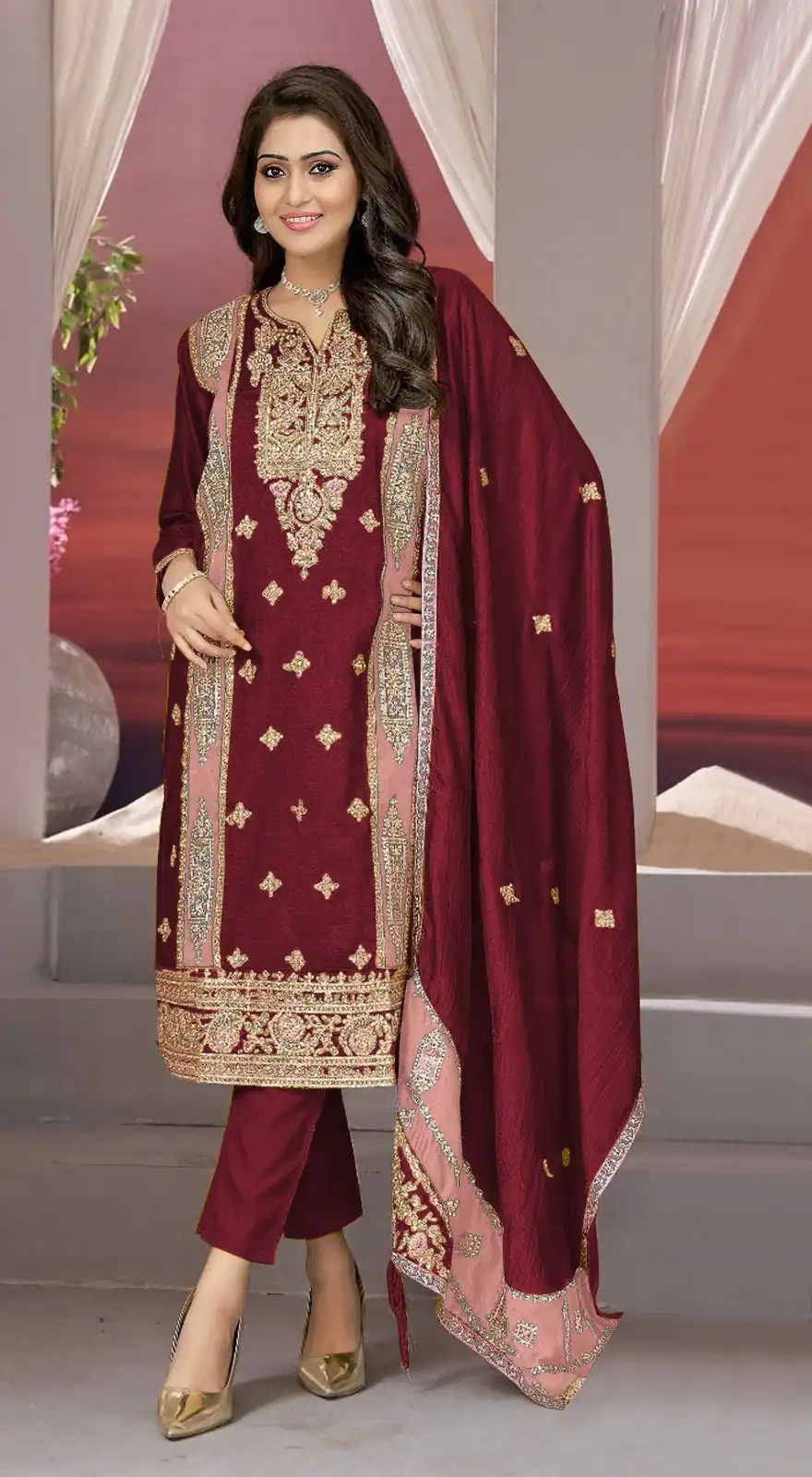FC MARIA 1072 Maroon Color Vichitra Embroidery Codding Sequence Salwar Suit Wedding, Party, Festive events, etc. Expected Delivery 4-6 Working Days @2149/- | Casual Suits, Creative suits, Designer Suits, Palazzo Suits, Party Wear Suits, Patiala Suits, Salwar suit, Straight Suits