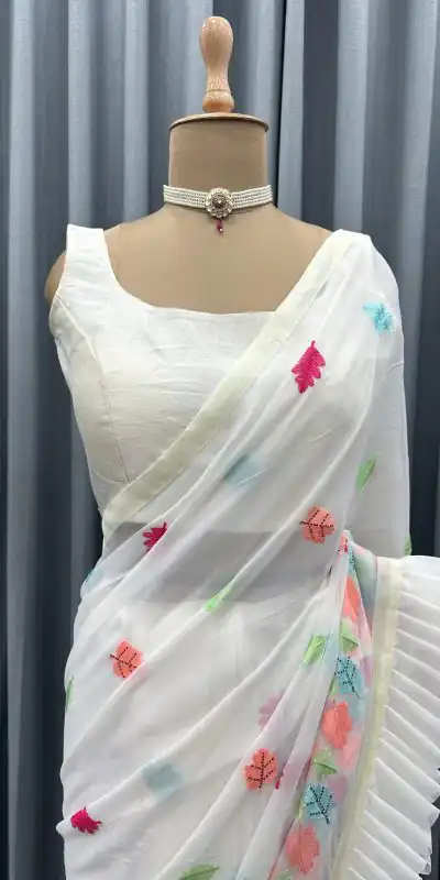 KD 390 White Color Faux Georgette Thread With Fancy Ruffle Saree Casual, Party, Wedding, Festive, Events Etc.  Expected Delivery  4-6 Working Days @1749/- | Bollywood Sarees, Creative Sarees, Designer Sarees, Embroidered Sarees, Ethnic Saree, Modern Digital sarees, Party Wear Sarees, Sarees