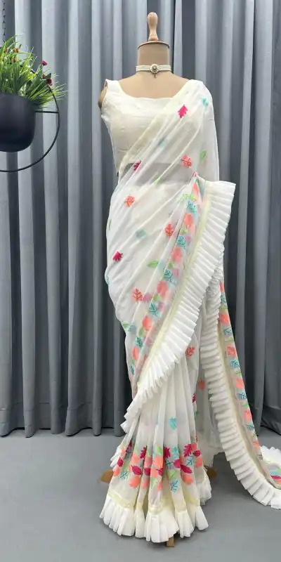 KD 390 White Color Faux Georgette Thread With Fancy Ruffle Saree Casual, Party, Wedding, Festive, Events Etc.  Expected Delivery  4-6 Working Days @1749/- | Bollywood Sarees, Creative Sarees, Designer Sarees, Embroidered Sarees, Ethnic Saree, Modern Digital sarees, Party Wear Sarees, Sarees