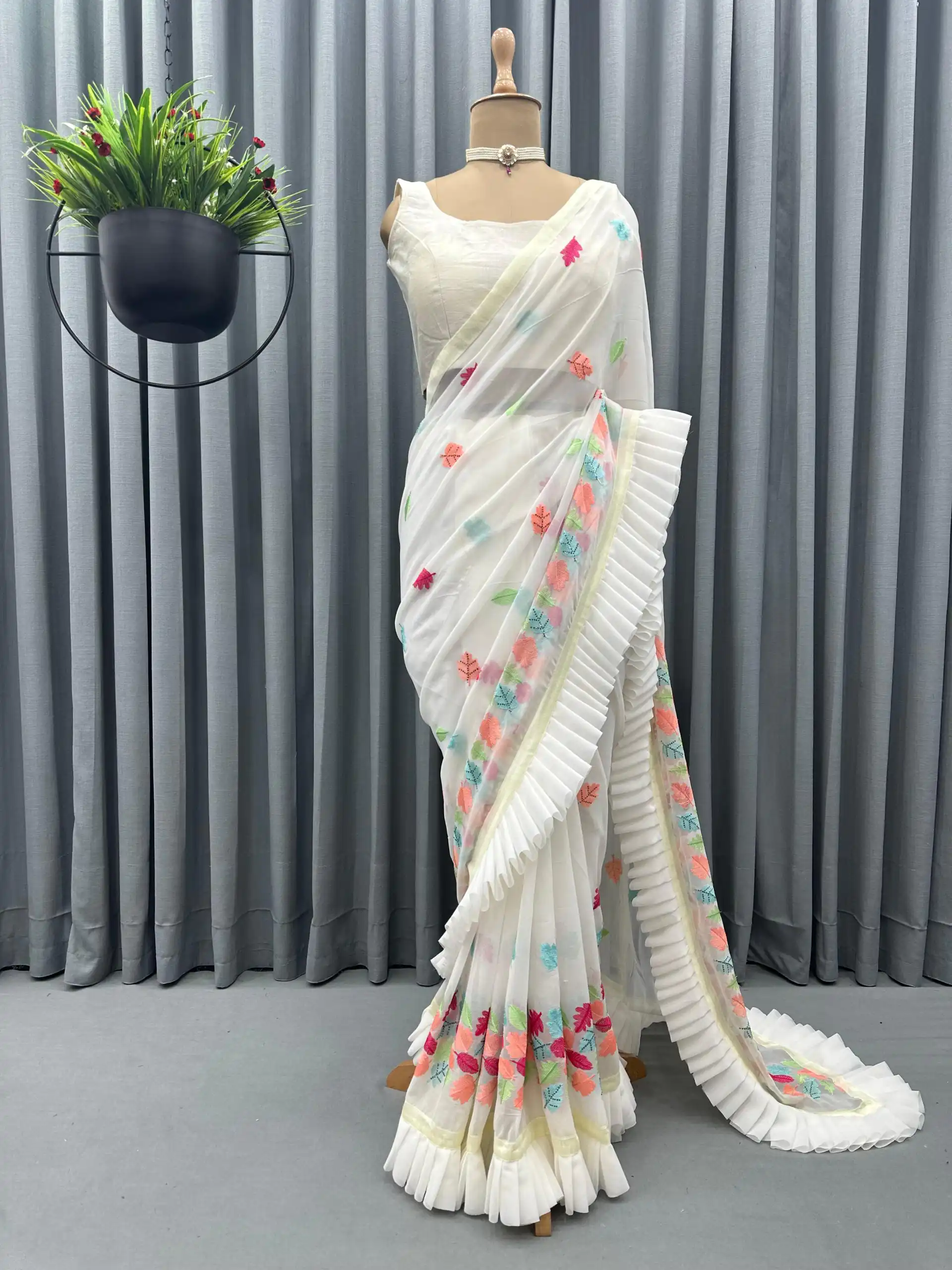 KD 390 White Color Faux Georgette Thread With Fancy Ruffle Saree Casual, Party, Wedding, Festive, Events Etc.  Expected Delivery  4-6 Working Days @1749/- | Bollywood Sarees, Creative Sarees, Designer Sarees, Embroidered Sarees, Ethnic Saree, Modern Digital sarees, Party Wear Sarees, Sarees
