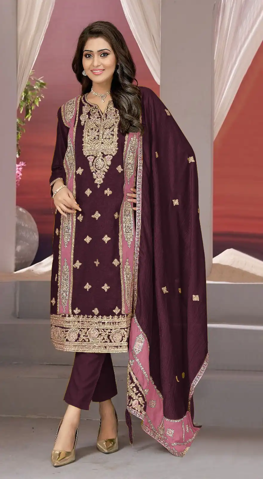 FC MARIA 1072 Wine Color Vichitra Embroidery Codding Sequence Salwar Suit Wedding, Party, Festive events, etc. Expected Delivery 4-6 Working Days @2149/- | Casual Suits, Creative suits, Designer Suits, Palazzo Suits, Party Wear Suits, Patiala Suits, Salwar suit, Straight Suits