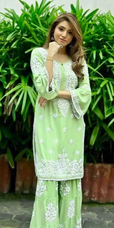 AD 160 Green Color Rayon Chicken Keri Embroidery Sharara Suit Casual, Wedding, Party, Festive, Events Etc. Expected Delivery 4-6 Working Days @1849/- | Casual Suits, Jump Suits, Creative suits, Designer Suits, Palazzo Suits, Party Wear Suits, Patiala Suits, Salwar suit, Straight Suits