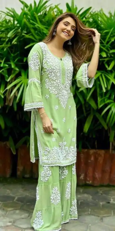 AD 160 Green Color Rayon Chicken Keri Embroidery Sharara Suit Casual, Wedding, Party, Festive, Events Etc. Expected Delivery 4-6 Working Days @1849/- | Casual Suits, Jump Suits, Creative suits, Designer Suits, Palazzo Suits, Party Wear Suits, Patiala Suits, Salwar suit, Straight Suits
