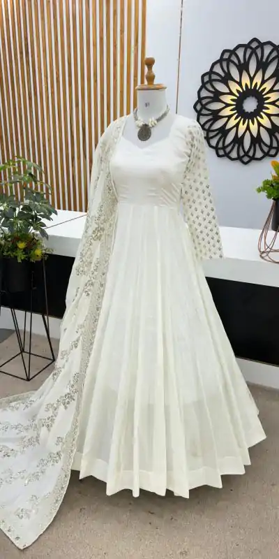 ZF 378 White Color Chinon Silk Embroidery Sequence Work Gown Casual, Wedding, Party, Festive, Events Etc. Expected Delivery 4-6 Working Days @2099/- | Bollywood Gowns, Creative Gowns, Designer Gowns, Embroidered Gowns, Gowns, Party Wear Gowns