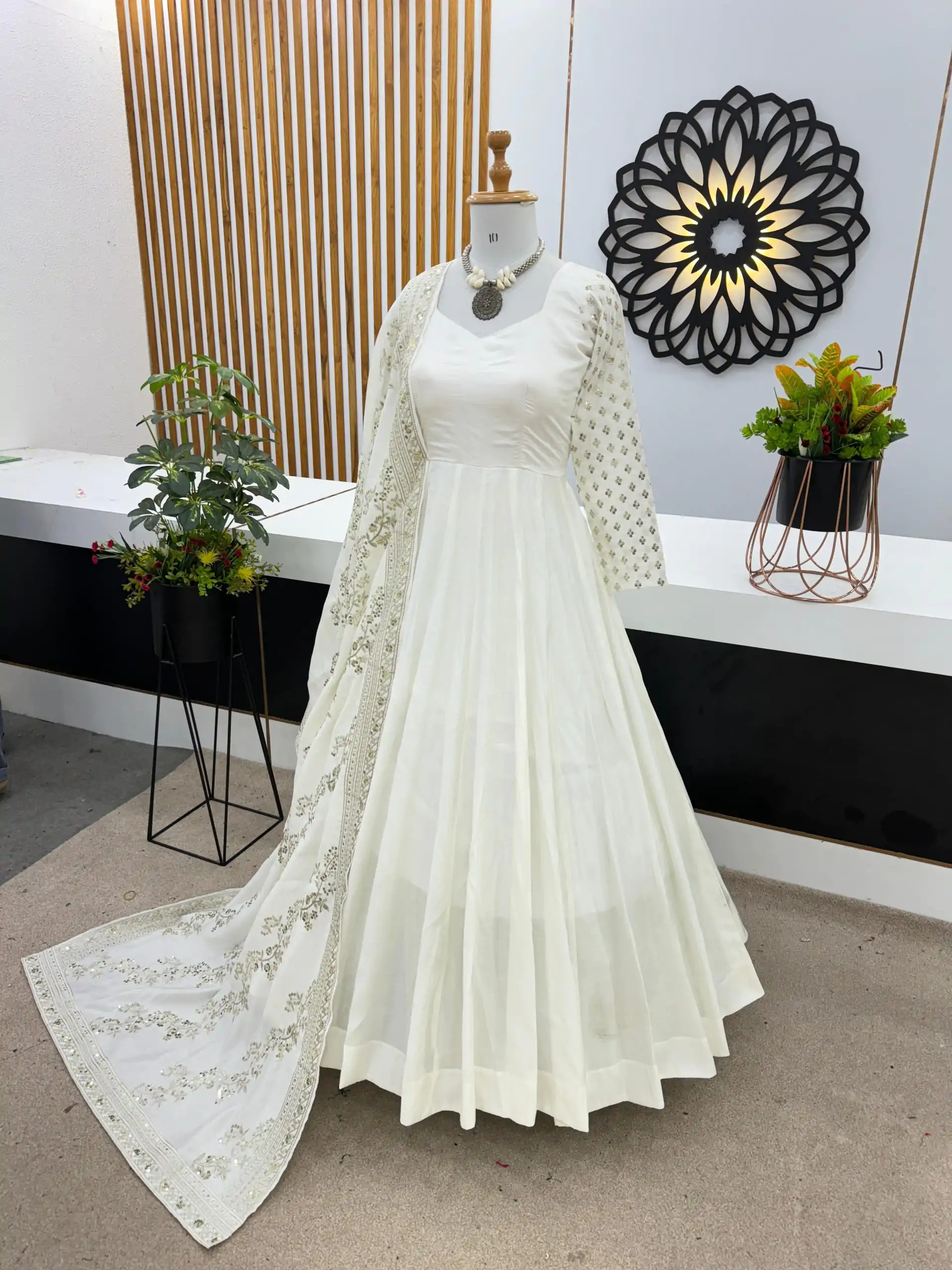 ZF 378 White Color Chinon Silk Embroidery Sequence Work Gown Casual, Wedding, Party, Festive, Events Etc. Expected Delivery 4-6 Working Days @2099/- | Bollywood Gowns, Creative Gowns, Designer Gowns, Embroidered Gowns, Gowns, Party Wear Gowns