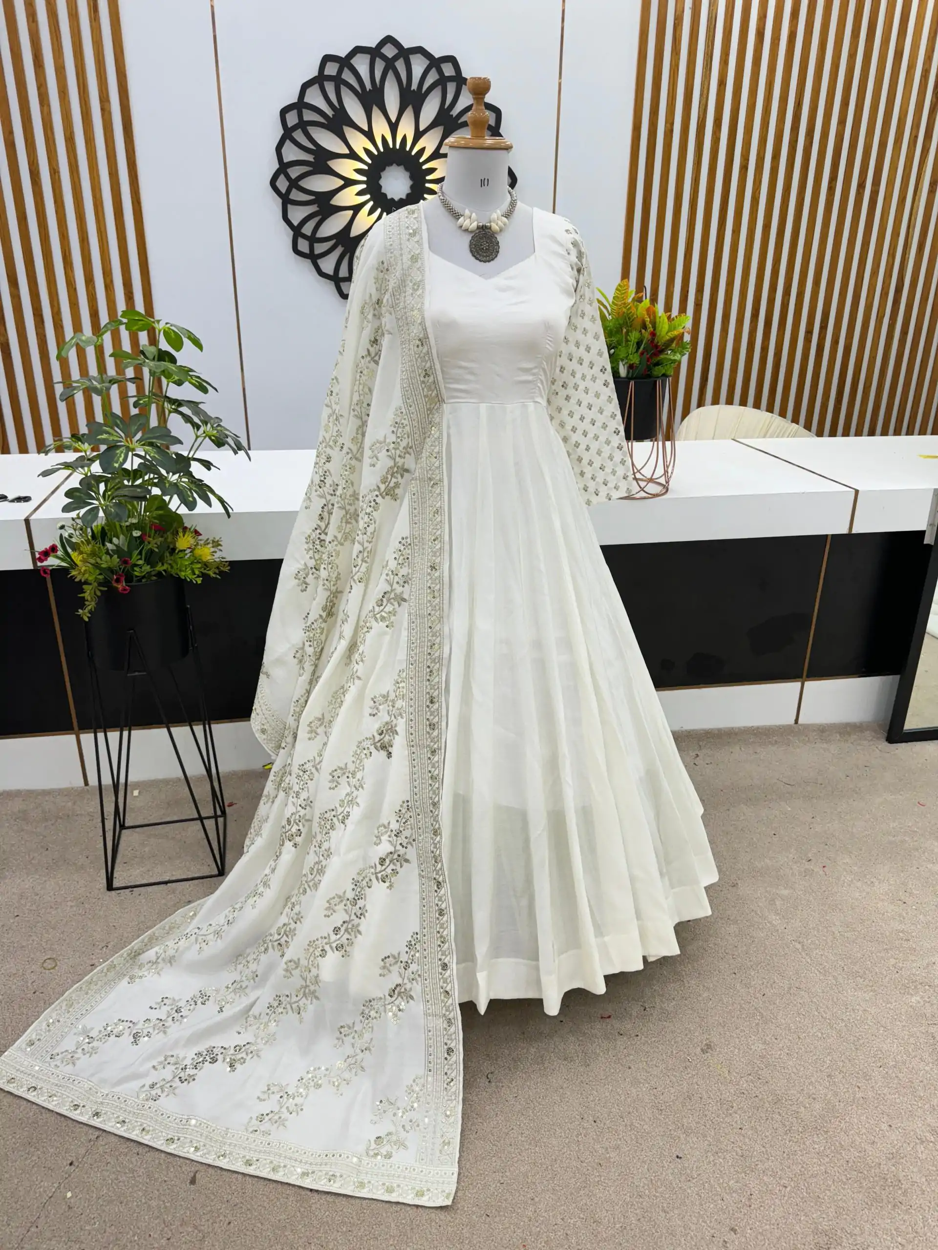 ZF 378 White Color Chinon Silk Embroidery Sequence Work Gown Casual, Wedding, Party, Festive, Events Etc. Expected Delivery 4-6 Working Days @2099/- | Bollywood Gowns, Creative Gowns, Designer Gowns, Embroidered Gowns, Gowns, Party Wear Gowns