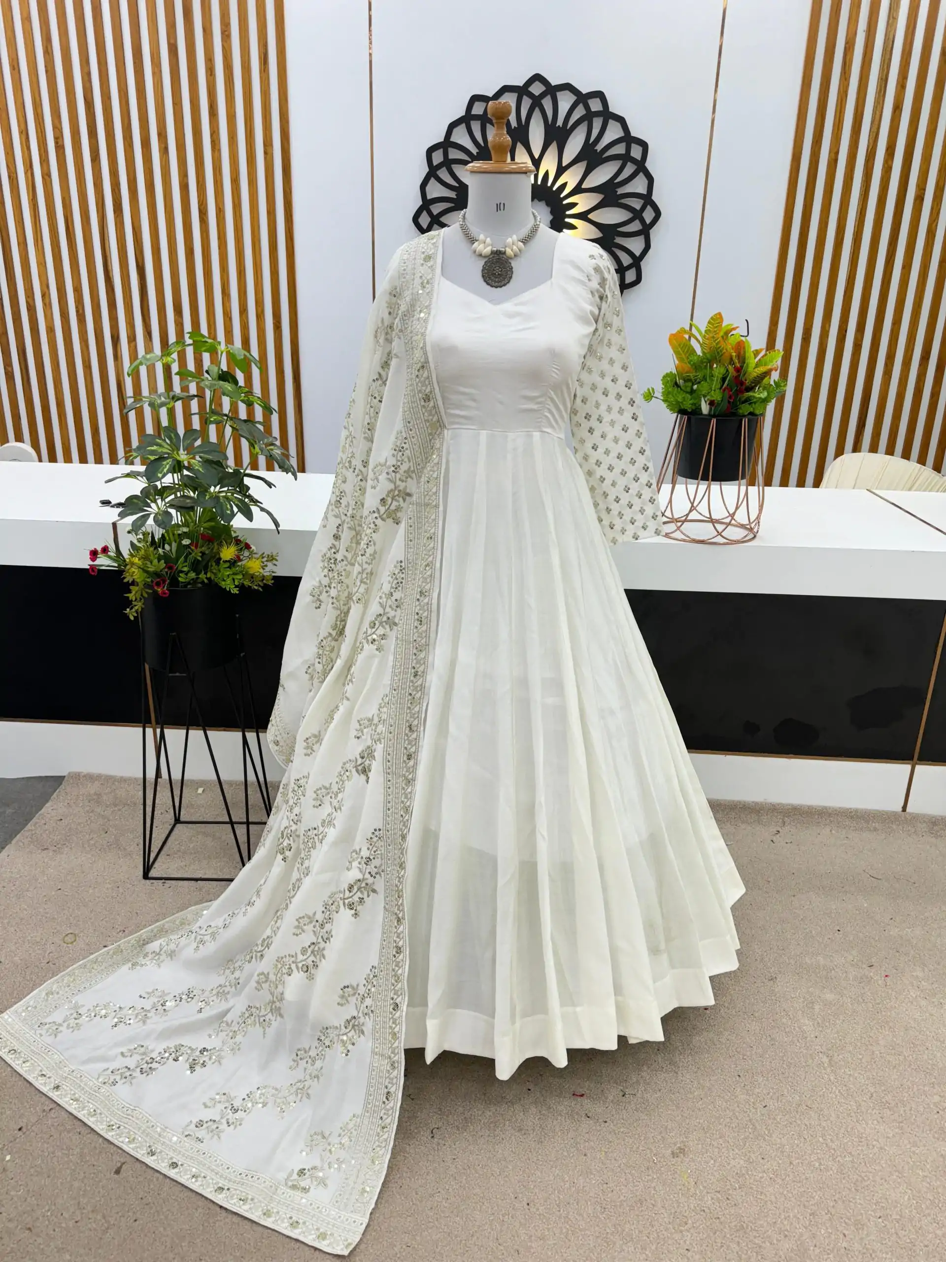 ZF 378 White Color Chinon Silk Embroidery Sequence Work Gown Casual, Wedding, Party, Festive, Events Etc. Expected Delivery 4-6 Working Days @2099/- | Bollywood Gowns, Creative Gowns, Designer Gowns, Embroidered Gowns, Gowns, Party Wear Gowns