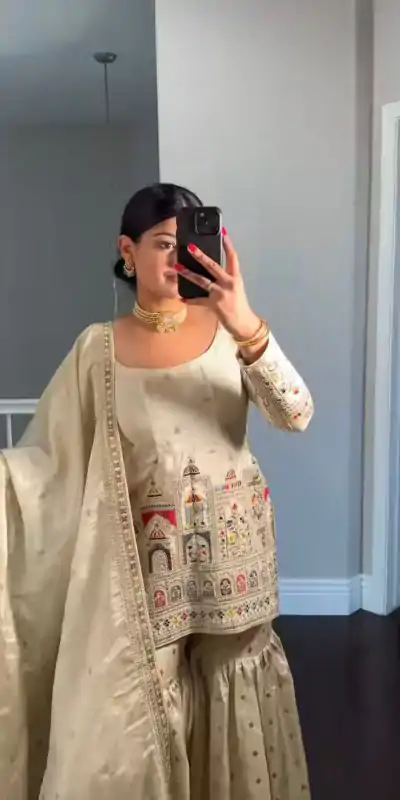NSR 811 Cream Color Pure Chinnon Silk Embroidery Coding Salwar Suit Casual, Party Festive, Events Etc. Expected Delivery 4-6 Working Days @2149/- | Casual Suits, Jump Suits, Creative suits, Designer Suits, Palazzo Suits, Party Wear Suits, Patiala Suits, Salwar suit, Straight Suits