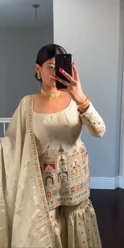 NSR 811 Cream Color Pure Chinnon Silk Embroidery Coding Salwar Suit Casual, Party Festive, Events Etc. Expected Delivery 4-6 Working Days @2149/- | Casual Suits, Jump Suits, Creative suits, Designer Suits, Palazzo Suits, Party Wear Suits, Patiala Suits, Salwar suit, Straight Suits