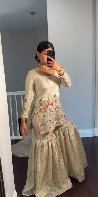 NSR 811 Cream Color Pure Chinnon Silk Embroidery Coding Salwar Suit Casual, Party Festive, Events Etc. Expected Delivery 4-6 Working Days @2149/- | Casual Suits, Jump Suits, Creative suits, Designer Suits, Palazzo Suits, Party Wear Suits, Patiala Suits, Salwar suit, Straight Suits