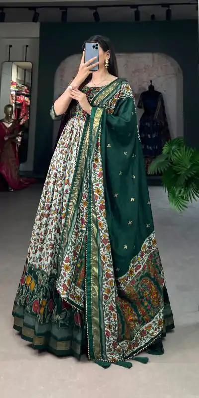 YNF 5036 Green Color Tussar Silk Floral Print With Foil Print Gown Casual, Wedding, Festive, Events, Designer Party Wear, Delivery 4-6 Working Days @2049 | Bollywood Gowns, Creative Gowns, Designer Gowns, Embroidered Gowns, Gowns, Party Wear Gowns