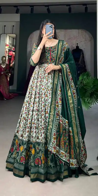 YNF 5036 Green Color Tussar Silk Floral Print With Foil Print Gown Casual, Wedding, Festive, Events, Designer Party Wear, Delivery 4-6 Working Days @2049 | Bollywood Gowns, Creative Gowns, Designer Gowns, Embroidered Gowns, Gowns, Party Wear Gowns
