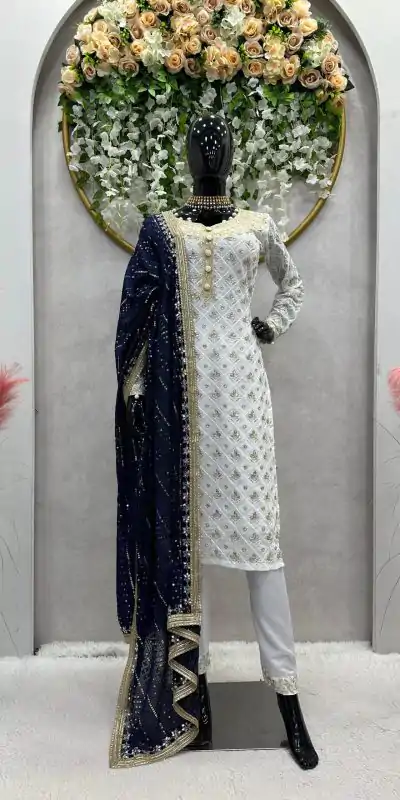 RTC 5699 White & Navy Blue Color Foix Georgette Thread Sequence Work Salwar Suit Wedding, Party, Festive, Events . Expected Delivery 4-6 Working Days @2499 | Casual Suits, Jump Suits, Creative suits, Designer Suits, Palazzo Suits, Party Wear Suits, Patiala Suits, Salwar suit, Straight Suits