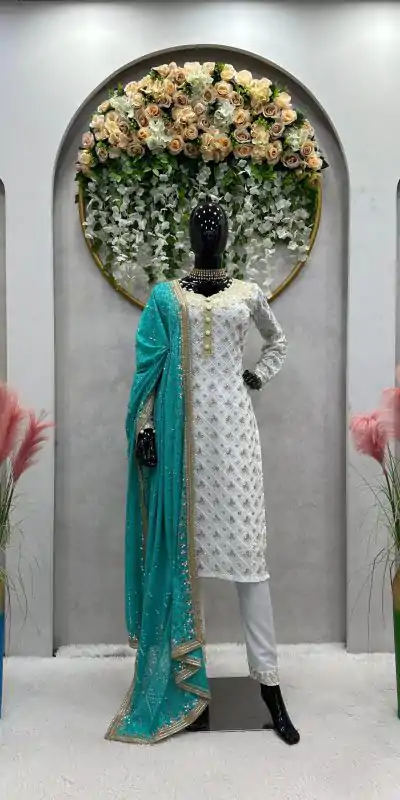 RTC 5699 White & Blue Color Foix Georgette Thread Sequence Work Salwar Suit Wedding, Party, Festive, Events Etc. Expected Delivery 4-6 Working Days @2499/ | Casual Suits, Jump Suits, Creative suits, Designer Suits, Palazzo Suits, Party Wear Suits, Patiala Suits, Salwar suit, Straight Suits