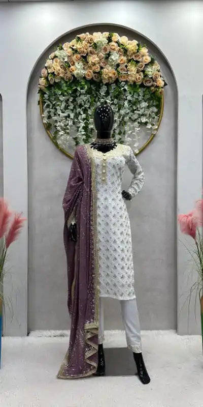RTC 5699 White & Purple Color Foix Georgette Thread Sequence Work Salwar Suit Wedding, Party, Festive, Events Etc. Expected Delivery 4-6 Working Days @2499/ | Casual Suits, Jump Suits, Creative suits, Designer Suits, Palazzo Suits, Party Wear Suits, Patiala Suits, Salwar suit, Straight Suits