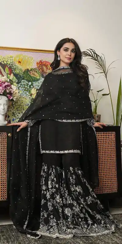 SRK 5167 Black Color Foix Georgette Thread Sequence Work Salwar Suit Wedding, Party, Festive, Events Etc. Expected Delivery 4-6 Working Days @2099/- | Casual Suits, Jump Suits, Creative suits, Designer Suits, Palazzo Suits, Party Wear Suits, Patiala Suits, Salwar suit, Straight Suits