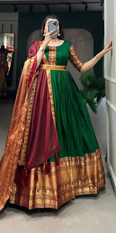 YNF 5313 Green Color Narayan Pet Zari Weaving Work Gown Casual, Wedding, Festive, Events, Designer Party Wear, Delivery 4-6 Working Days @1899 | Bollywood Gowns, Creative Gowns, Designer Gowns, Embroidered Gowns, Gowns, Party Wear Gowns