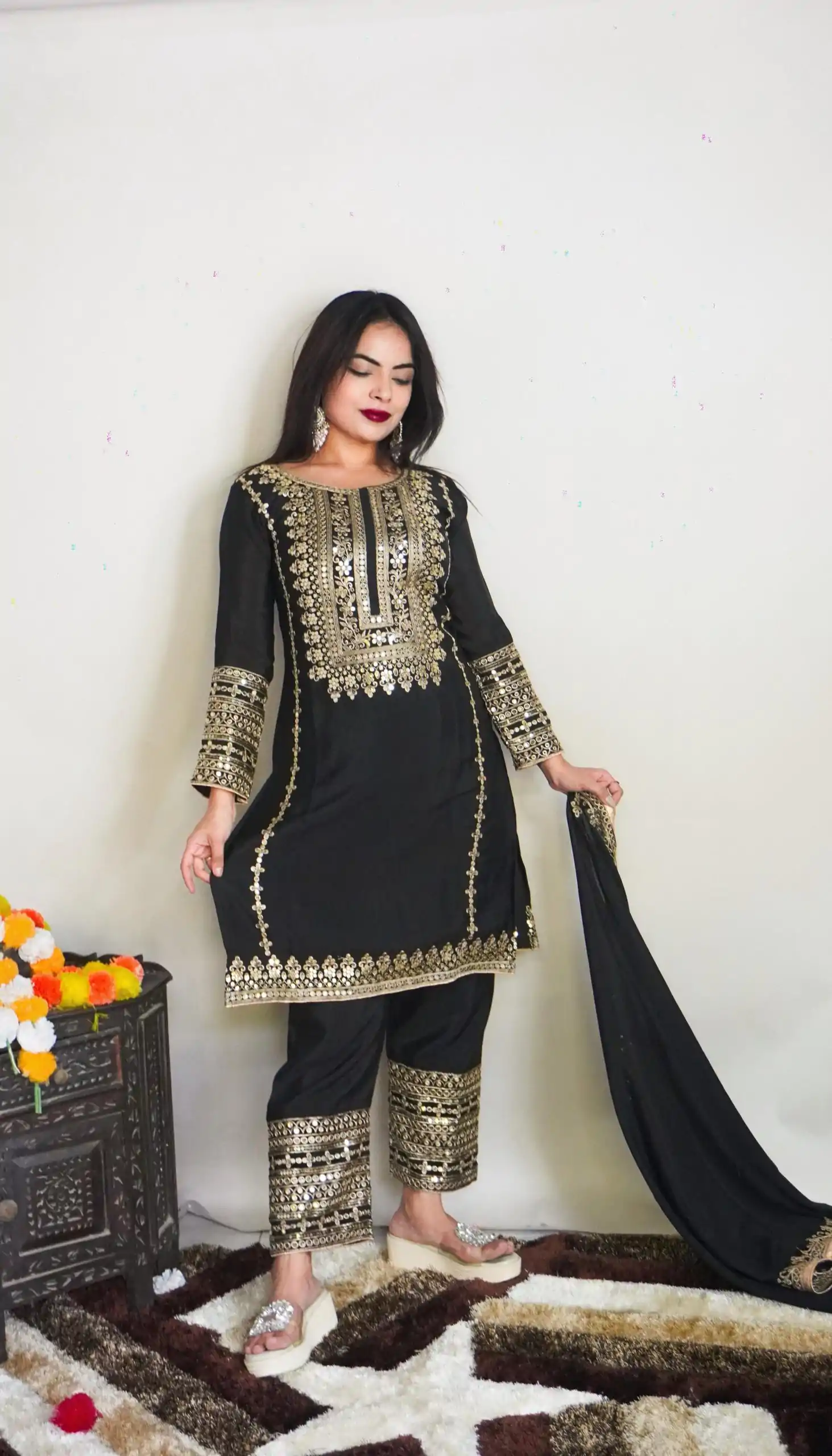SRK 5151 Black Color Pure Chinnon Silk Embroidery Sequence Salwar Suit Wedding, Party, Festive, Events Expected Delivery 4-6 Working Days @ 1949/- | Casual Suits, Creative suits, Jump Suits, Designer Suits, Palazzo Suits, Party Wear Suits, Patiala Suits, Salwar suit, Straight Suits