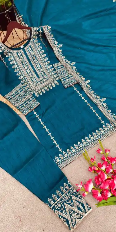 SRK 5151 Blue Color Pure Chinnon Silk Embroidery Sequence Salwar Suit Wedding, Party, Festive, Events Expected Delivery 4-6 Working Days @ 1949/- | Casual Suits, Creative suits, Jump Suits, Designer Suits, Palazzo Suits, Party Wear Suits, Patiala Suits, Salwar suit, Straight Suits