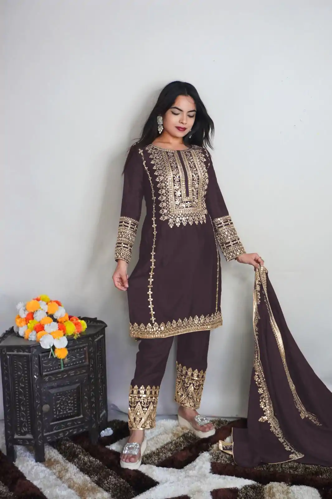SRK 5151 Coffee Color Pure Chinnon Silk Embroidery Sequence Salwar Suit Wedding, Party, Festive, Events Expected Delivery 4-6 Working Days @ 1949/- | Casual Suits, Creative suits, Jump Suits, Designer Suits, Palazzo Suits, Party Wear Suits, Patiala Suits, Salwar suit, Straight Suits