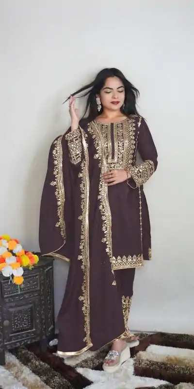SRK 5151 Coffee Color Pure Chinnon Silk Embroidery Sequence Salwar Suit Wedding, Party, Festive, Events Expected Delivery 4-6 Working Days @ 1949/- | Casual Suits, Creative suits, Jump Suits, Designer Suits, Palazzo Suits, Party Wear Suits, Patiala Suits, Salwar suit, Straight Suits