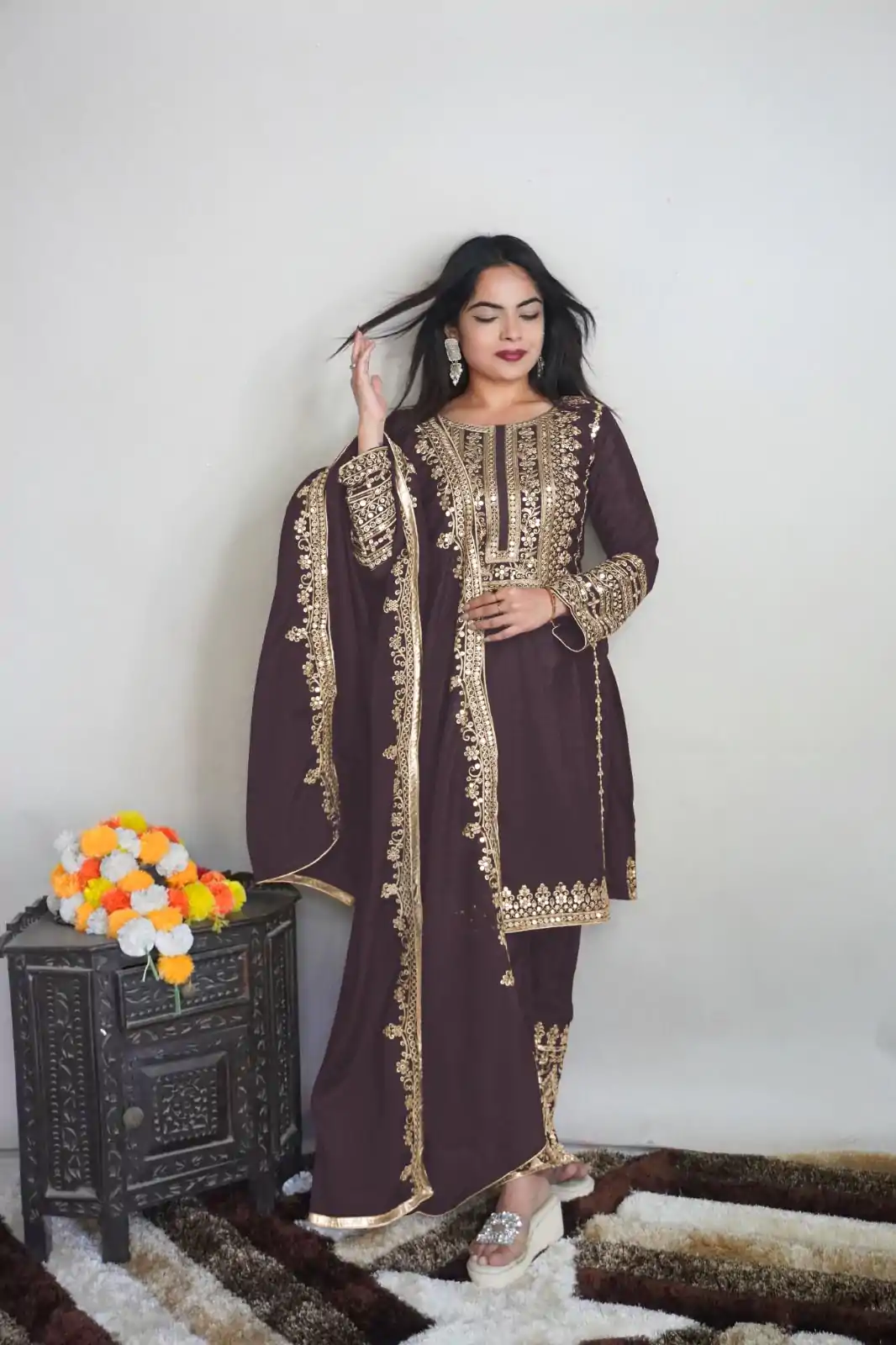 SRK 5151 Coffee Color Pure Chinnon Silk Embroidery Sequence Salwar Suit Wedding, Party, Festive, Events Expected Delivery 4-6 Working Days @ 1949/- | Casual Suits, Creative suits, Jump Suits, Designer Suits, Palazzo Suits, Party Wear Suits, Patiala Suits, Salwar suit, Straight Suits