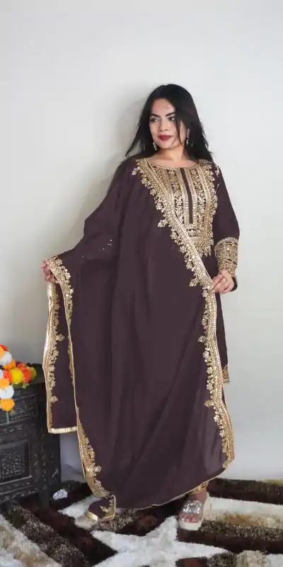 SRK 5151 Coffee Color Pure Chinnon Silk Embroidery Sequence Salwar Suit Wedding, Party, Festive, Events Expected Delivery 4-6 Working Days @ 1949/- | Casual Suits, Creative suits, Jump Suits, Designer Suits, Palazzo Suits, Party Wear Suits, Patiala Suits, Salwar suit, Straight Suits