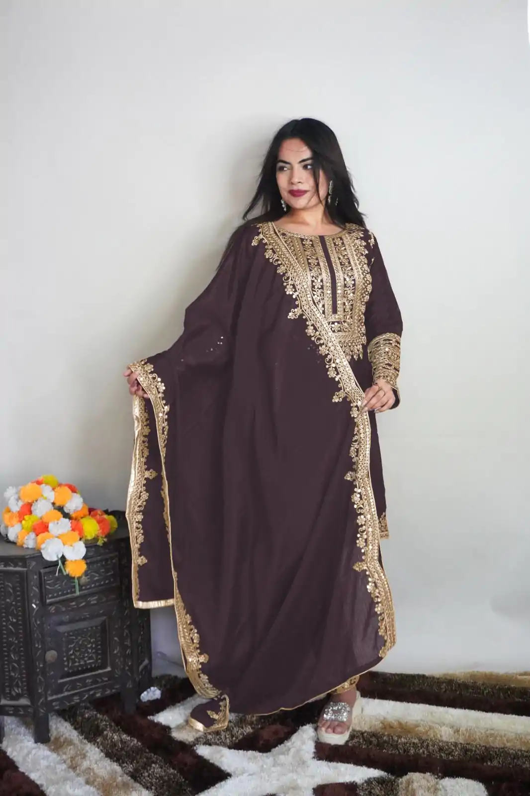 SRK 5151 Coffee Color Pure Chinnon Silk Embroidery Sequence Salwar Suit Wedding, Party, Festive, Events Expected Delivery 4-6 Working Days @ 1949/- | Casual Suits, Creative suits, Jump Suits, Designer Suits, Palazzo Suits, Party Wear Suits, Patiala Suits, Salwar suit, Straight Suits