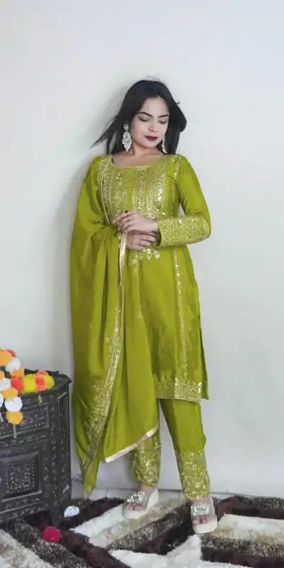 SRK 5151 Green Color Pure Chinnon Silk Embroidery Sequence Salwar Suit Wedding, Party, Festive, Events Expected Delivery 4-6 Working Days @ 1949/- | Casual Suits, Creative suits, Jump Suits, Designer Suits, Palazzo Suits, Party Wear Suits, Patiala Suits, Salwar suit, Straight Suits