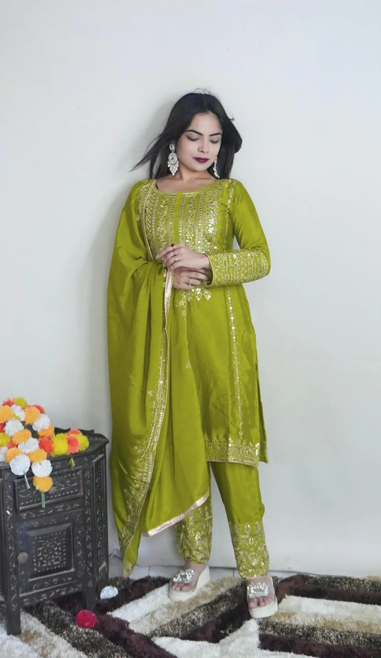 SRK 5151 Green Color Pure Chinnon Silk Embroidery Sequence Salwar Suit Wedding, Party, Festive, Events Expected Delivery 4-6 Working Days @ 1949/- | Casual Suits, Creative suits, Jump Suits, Designer Suits, Palazzo Suits, Party Wear Suits, Patiala Suits, Salwar suit, Straight Suits