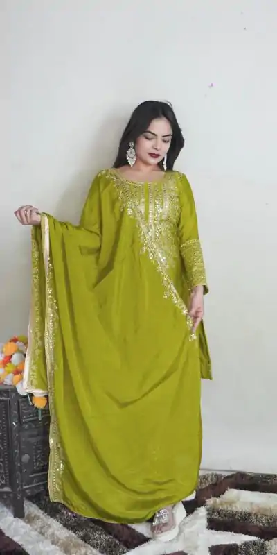 SRK 5151 Green Color Pure Chinnon Silk Embroidery Sequence Salwar Suit Wedding, Party, Festive, Events Expected Delivery 4-6 Working Days @ 1949/- | Casual Suits, Creative suits, Jump Suits, Designer Suits, Palazzo Suits, Party Wear Suits, Patiala Suits, Salwar suit, Straight Suits