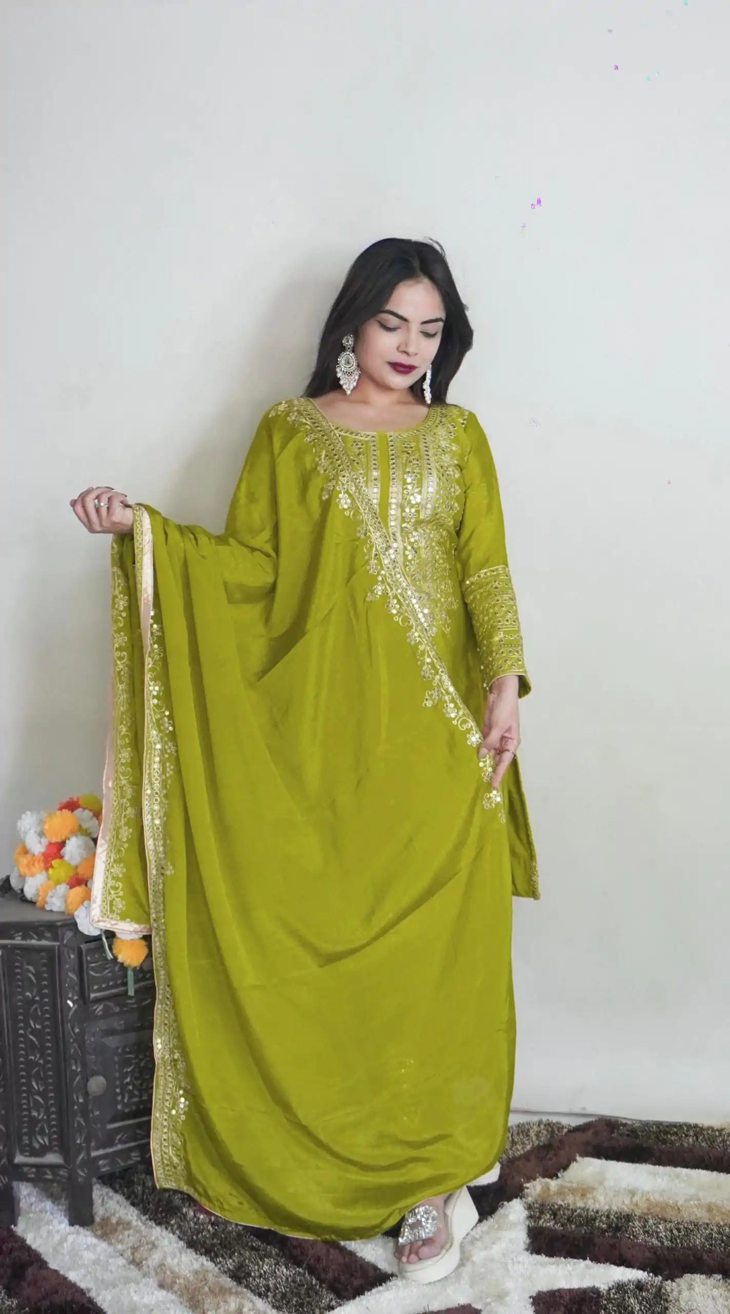 SRK 5151 Green Color Pure Chinnon Silk Embroidery Sequence Salwar Suit Wedding, Party, Festive, Events Expected Delivery 4-6 Working Days @ 1949/- | Casual Suits, Creative suits, Jump Suits, Designer Suits, Palazzo Suits, Party Wear Suits, Patiala Suits, Salwar suit, Straight Suits