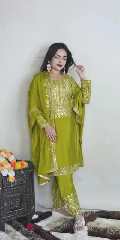 SRK 5151 Green Color Pure Chinnon Silk Embroidery Sequence Salwar Suit Wedding, Party, Festive, Events Expected Delivery 4-6 Working Days @ 1949/- | Casual Suits, Creative suits, Jump Suits, Designer Suits, Palazzo Suits, Party Wear Suits, Patiala Suits, Salwar suit, Straight Suits
