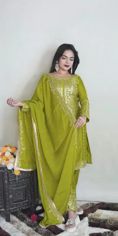 SRK 5151 Green Color Pure Chinnon Silk Embroidery Sequence Salwar Suit Wedding, Party, Festive, Events Expected Delivery 4-6 Working Days @ 1949/- | Casual Suits, Creative suits, Jump Suits, Designer Suits, Palazzo Suits, Party Wear Suits, Patiala Suits, Salwar suit, Straight Suits
