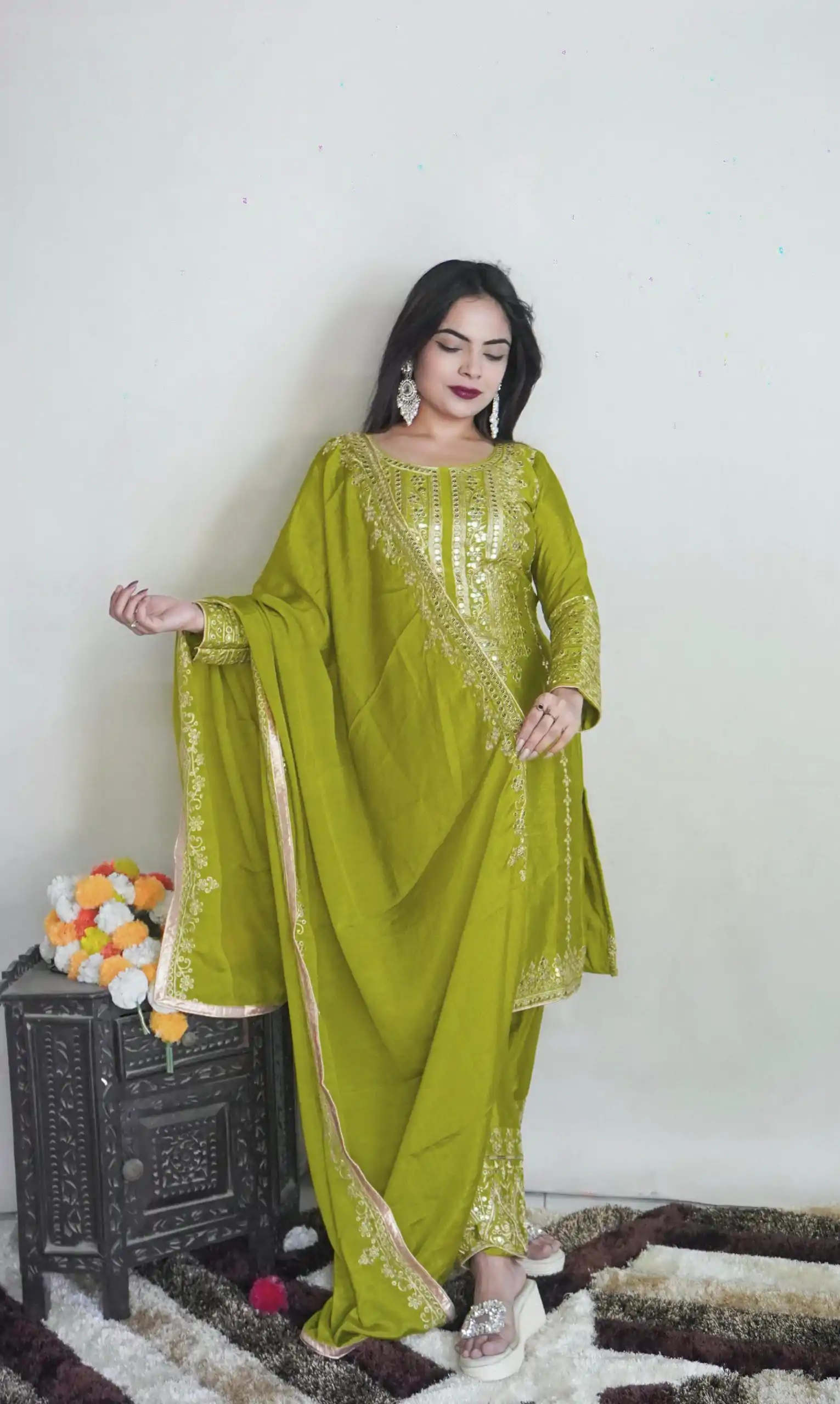 SRK 5151 Green Color Pure Chinnon Silk Embroidery Sequence Salwar Suit Wedding, Party, Festive, Events Expected Delivery 4-6 Working Days @ 1949/- | Casual Suits, Creative suits, Jump Suits, Designer Suits, Palazzo Suits, Party Wear Suits, Patiala Suits, Salwar suit, Straight Suits