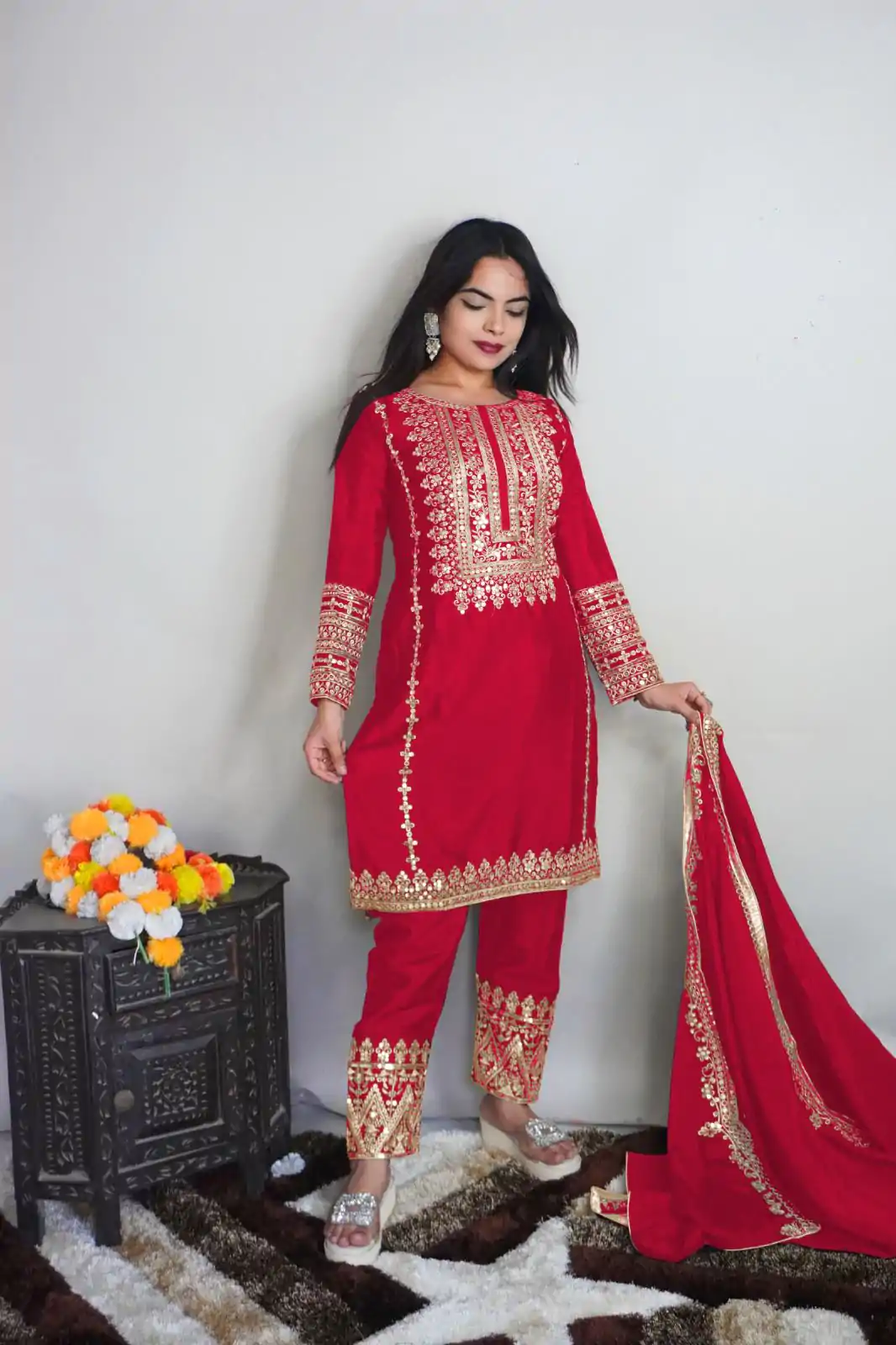SRK 5151 Red Color Pure Chinnon Silk Embroidery Sequence Salwar Suit Wedding, Party, Festive, Events Expected Delivery 4-6 Working Days @ 1949/- | Casual Suits, Creative suits, Jump Suits, Designer Suits, Palazzo Suits, Party Wear Suits, Patiala Suits, Salwar suit, Straight Suits