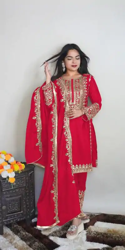 SRK 5151 Red Color Pure Chinnon Silk Embroidery Sequence Salwar Suit Wedding, Party, Festive, Events Expected Delivery 4-6 Working Days @ 1949/- | Casual Suits, Creative suits, Jump Suits, Designer Suits, Palazzo Suits, Party Wear Suits, Patiala Suits, Salwar suit, Straight Suits
