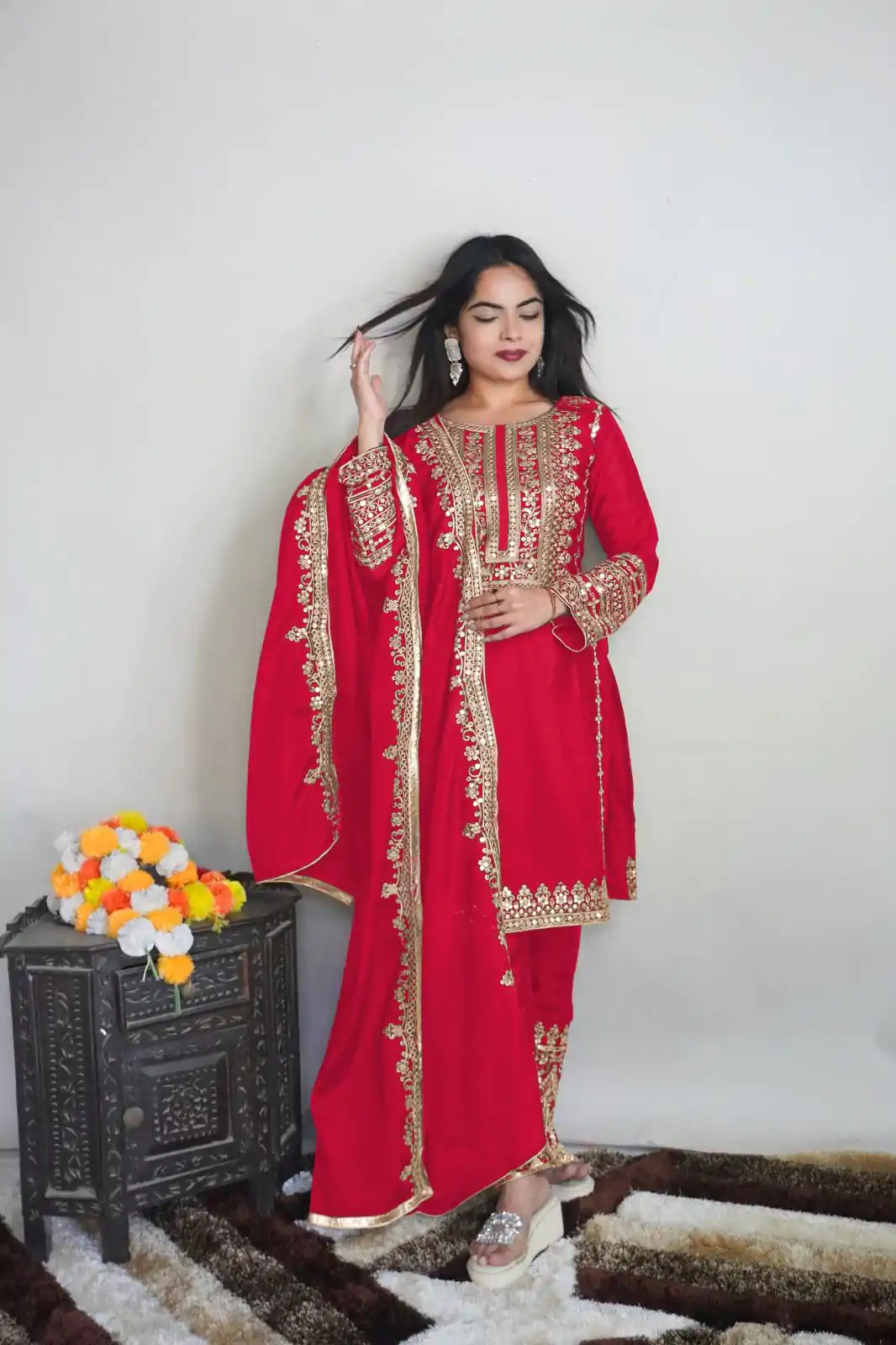 SRK 5151 Red Color Pure Chinnon Silk Embroidery Sequence Salwar Suit Wedding, Party, Festive, Events Expected Delivery 4-6 Working Days @ 1949/- | Casual Suits, Creative suits, Jump Suits, Designer Suits, Palazzo Suits, Party Wear Suits, Patiala Suits, Salwar suit, Straight Suits