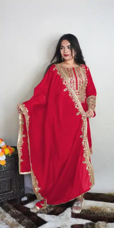 SRK 5151 Red Color Pure Chinnon Silk Embroidery Sequence Salwar Suit Wedding, Party, Festive, Events Expected Delivery 4-6 Working Days @ 1949/- | Casual Suits, Creative suits, Jump Suits, Designer Suits, Palazzo Suits, Party Wear Suits, Patiala Suits, Salwar suit, Straight Suits