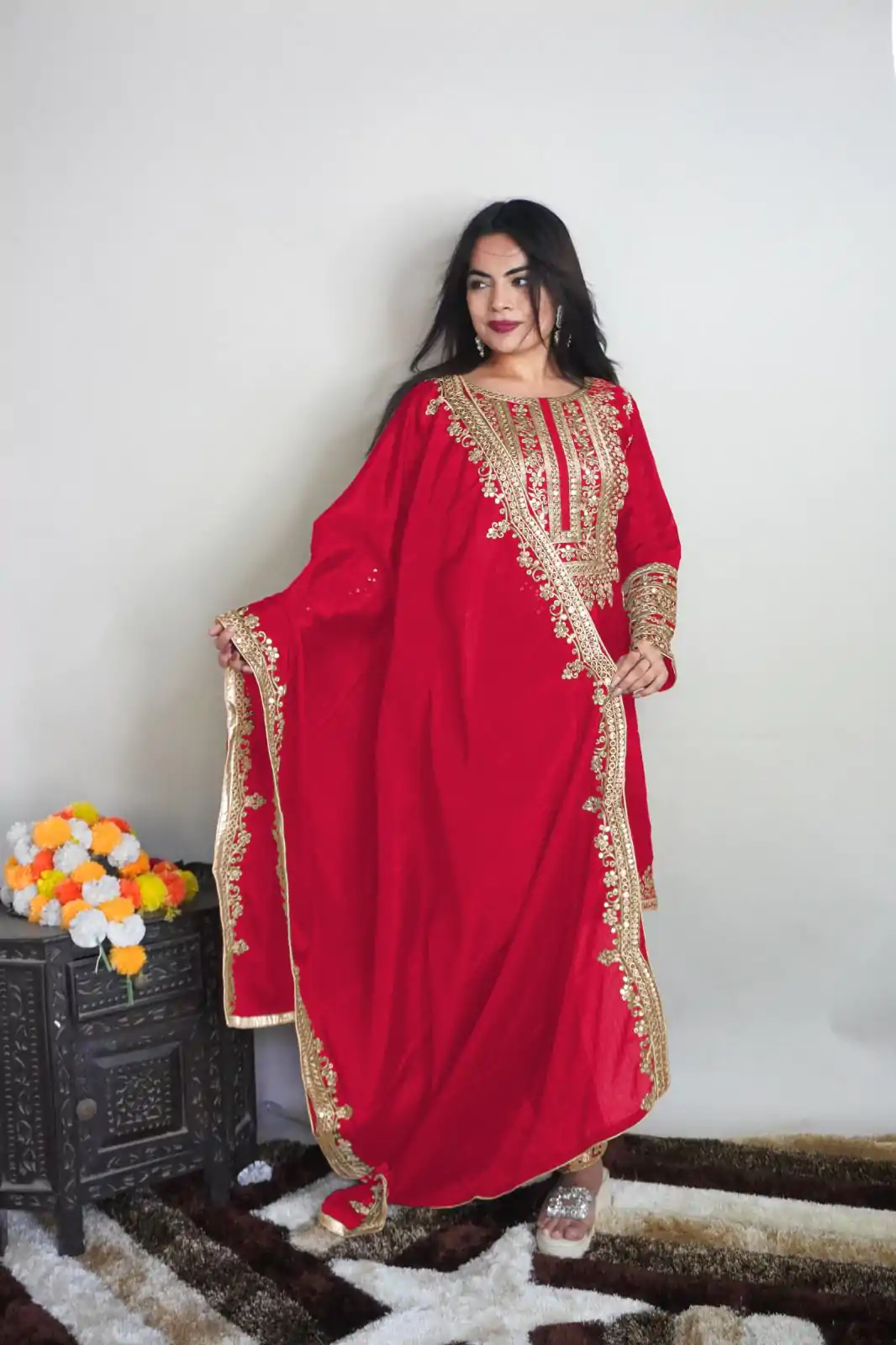 SRK 5151 Red Color Pure Chinnon Silk Embroidery Sequence Salwar Suit Wedding, Party, Festive, Events Expected Delivery 4-6 Working Days @ 1949/- | Casual Suits, Creative suits, Jump Suits, Designer Suits, Palazzo Suits, Party Wear Suits, Patiala Suits, Salwar suit, Straight Suits