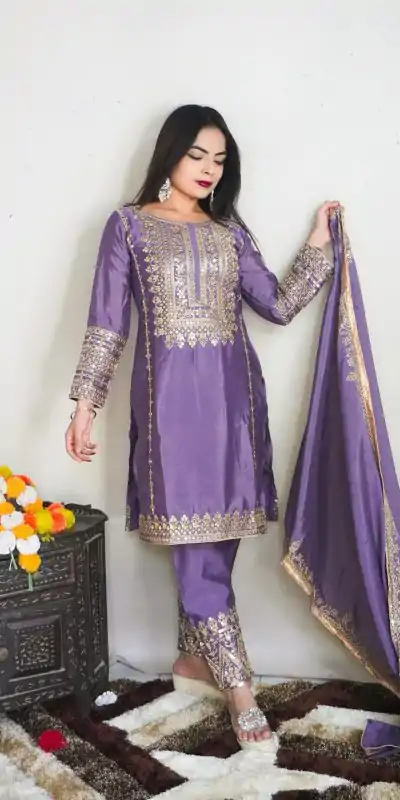 SRK 5151 Violet Color Pure Chinnon Silk Embroidery Sequence Salwar Suit Wedding, Party, Festive, Events Expected Delivery 4-6 Working Days @ 1949/- | Casual Suits, Creative suits, Jump Suits, Designer Suits, Palazzo Suits, Party Wear Suits, Patiala Suits, Salwar suit, Straight Suits