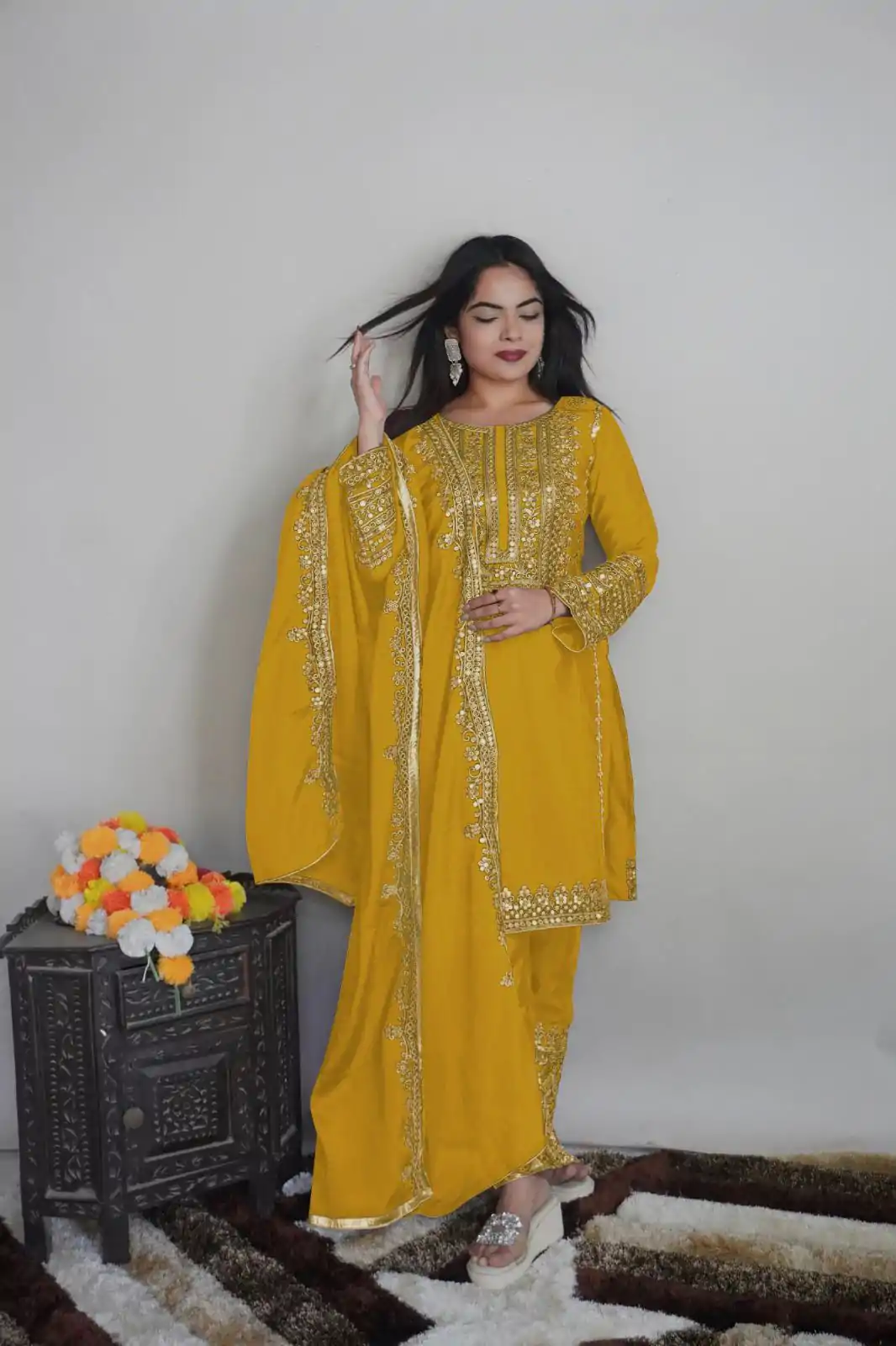 SRK 5151 Yellow Color Pure Chinnon Silk Embroidery Sequence Salwar Suit Wedding, Party, Festive, Events Expected Delivery 4-6 Working Days @ 1949/- | Casual Suits, Creative suits, Jump Suits, Designer Suits, Palazzo Suits, Party Wear Suits, Patiala Suits, Salwar suit, Straight Suits