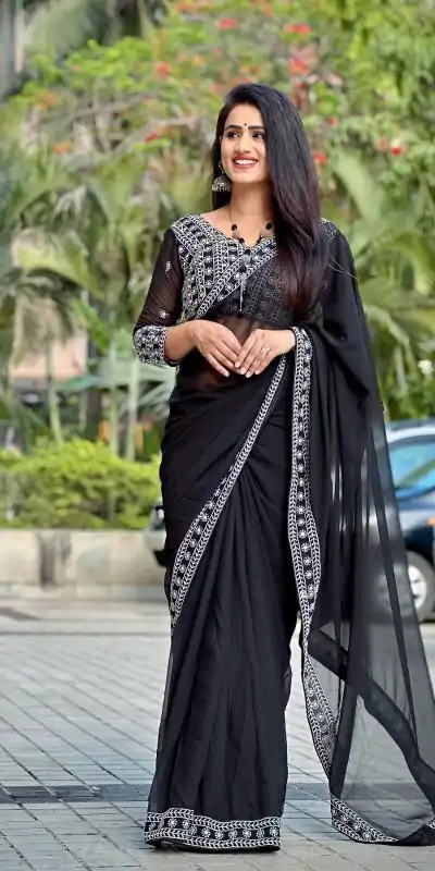 JR 593 Black Color Georgette Embroidery Sequence Saree Casual, Wedding, Festive, Events Expected Delivery 4-6 Working Days @1599/- | Bollywood Sarees, Creative Sarees, Designer Sarees, Embroidered Sarees, Ethnic Saree, Modern Digital sarees, Party Wear Sarees, Sarees