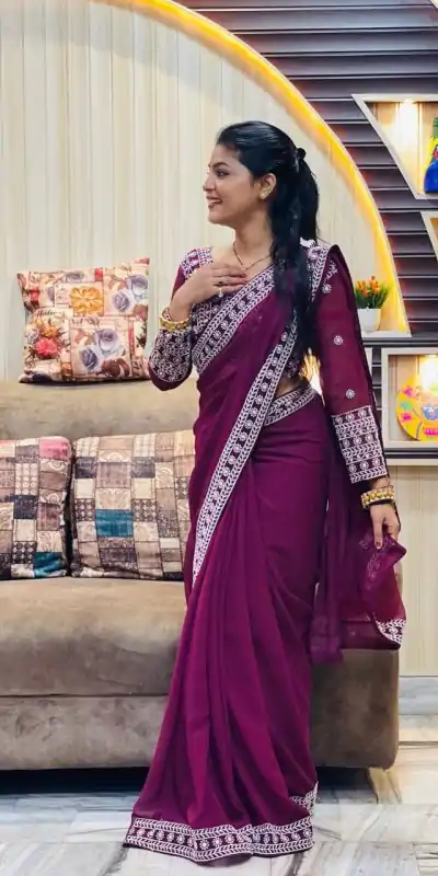 JR 593 Purple Color Georgette Embroidery Sequence Saree Casual, Wedding, Festive, Events Expected Delivery 4-6 Working Days @1599/- | Bollywood Sarees, Creative Sarees, Designer Sarees, Embroidered Sarees, Ethnic Saree, Modern Digital sarees, Party Wear Sarees, Sarees