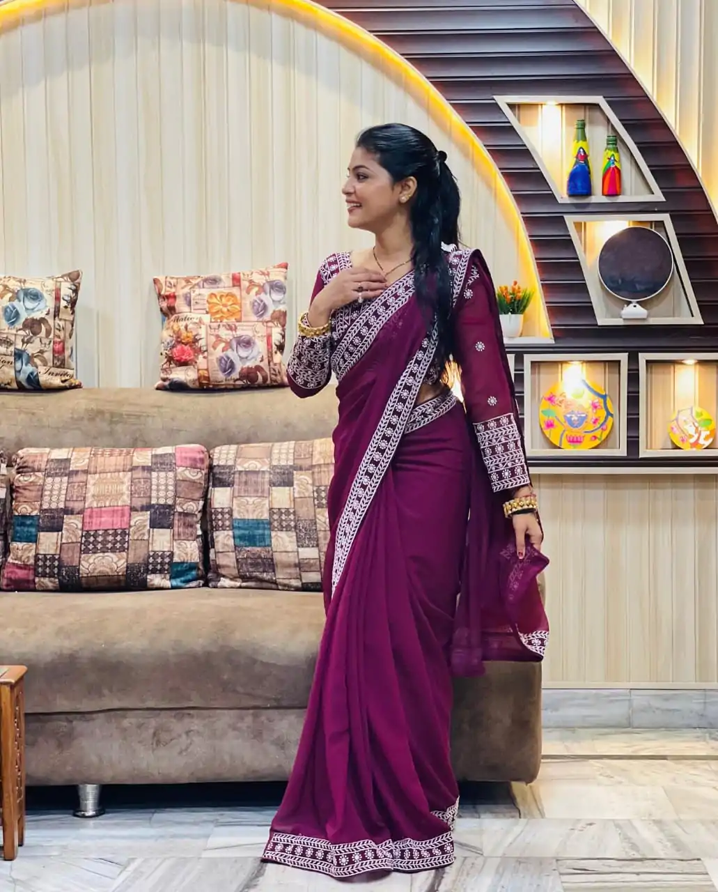 JR 593 Purple Color Georgette Embroidery Sequence Saree Casual, Wedding, Festive, Events Expected Delivery 4-6 Working Days @1599/- | Bollywood Sarees, Creative Sarees, Designer Sarees, Embroidered Sarees, Ethnic Saree, Modern Digital sarees, Party Wear Sarees, Sarees